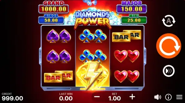 Main screen layout of Diamonds Power: Hold and Win with 3x3 grid and jackpot panel